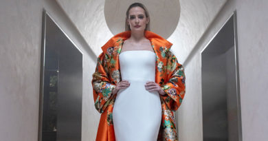 Romona Keveza Fall 2021 key wedding look is a fitted wedding dress with a coloured Chinoiserie printed opera coat featured in Perfect Wedding Magazine