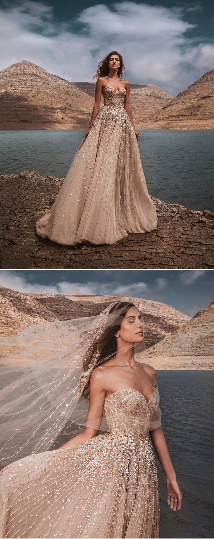 Zuhair Murad Fall 2021 Bridal collection is designed in shades of of-white, sandy and pinkish pastel shades featured in Perfect Wedding magazine