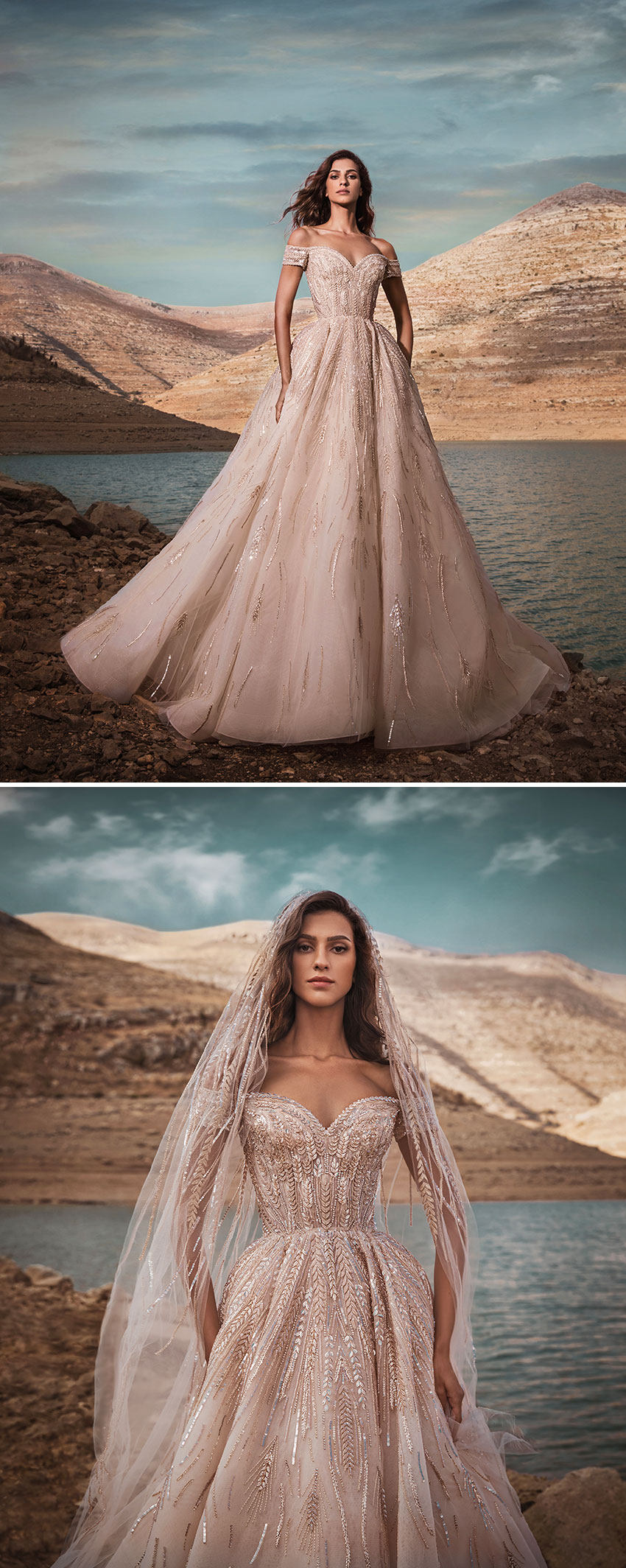 Zuhair Murad Fall 2021 bridal collection symmetrical drawn over strapless ball gown featured in Perfect Wedding Magazine