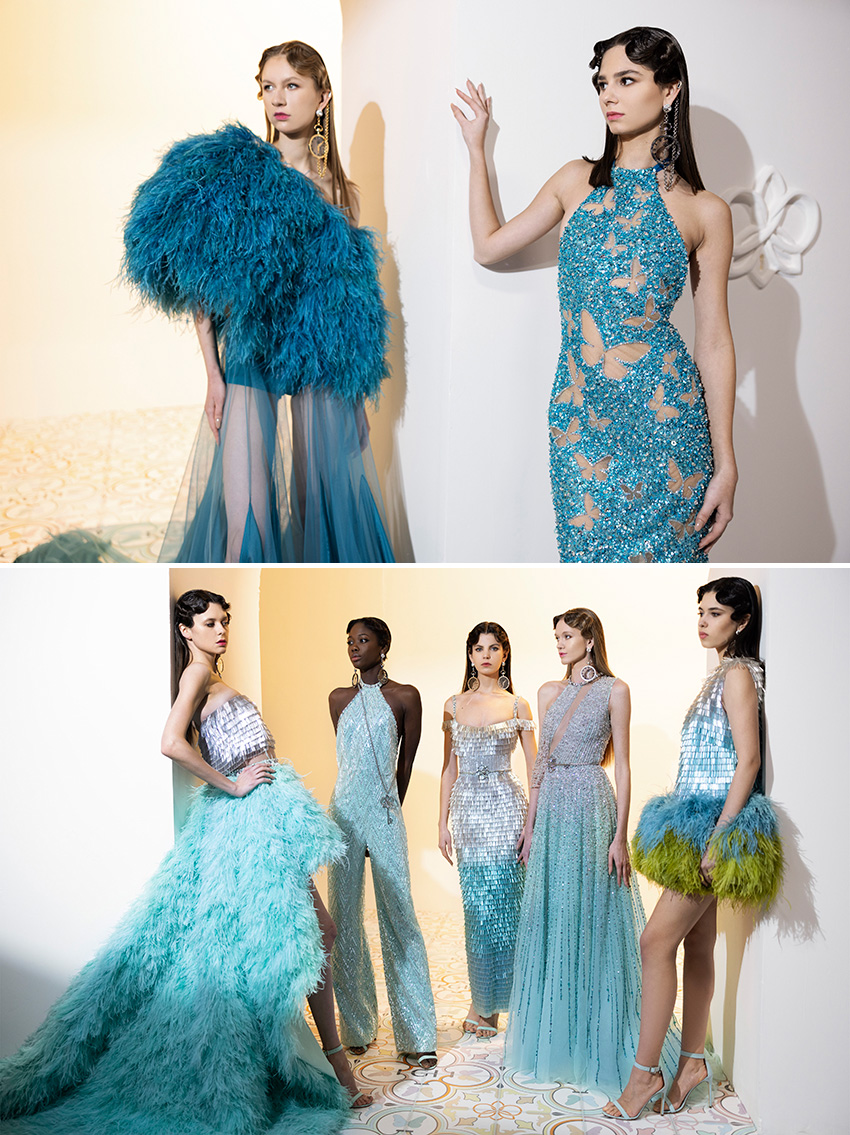 Georges Hobeika Spring Summer 2022 Haute Couture dazzling dresses in blue colour