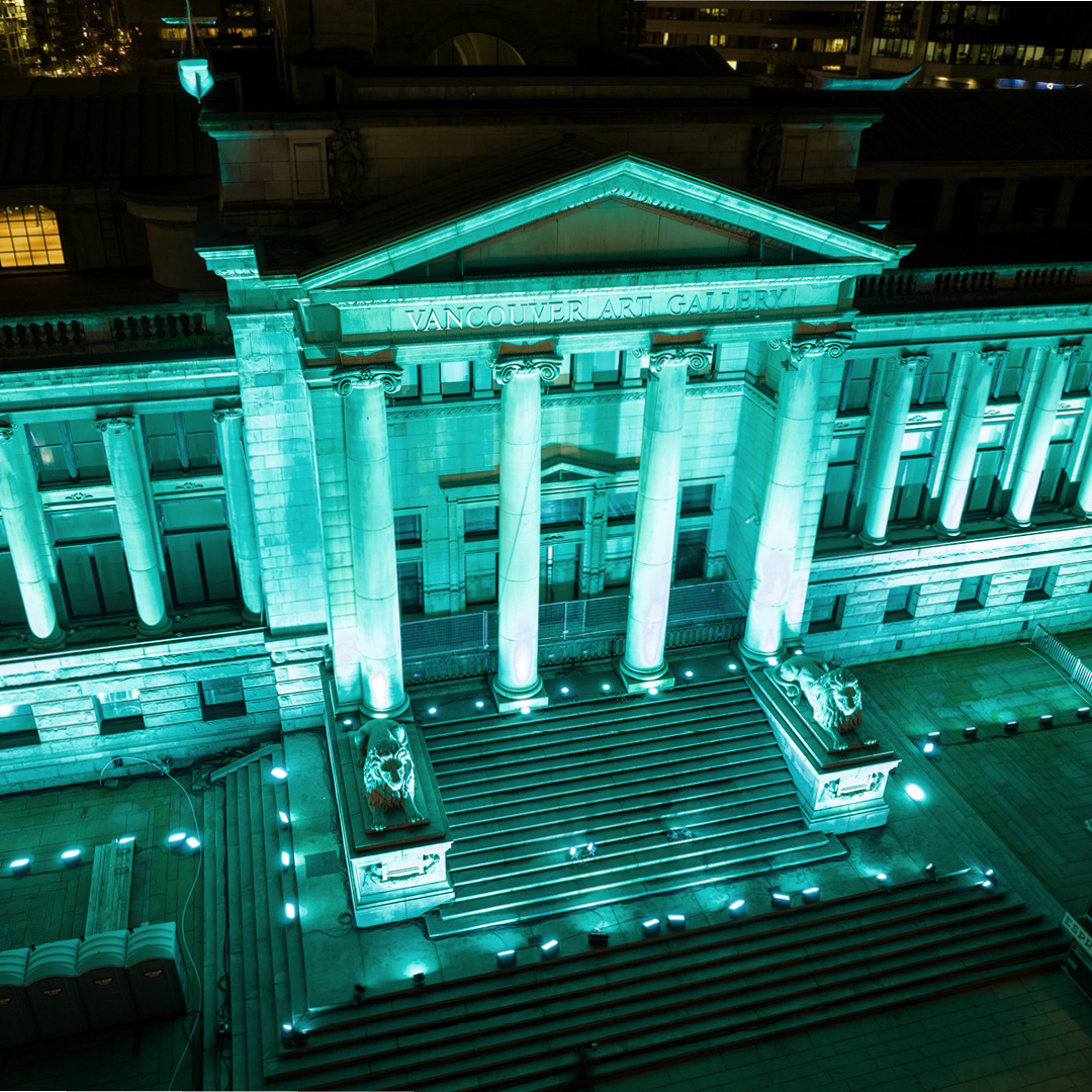 The Vancouver Art Gallery illuminated in Tiffany Blue color to celebrate Tiffany & Co. Valentine Day Campaign
