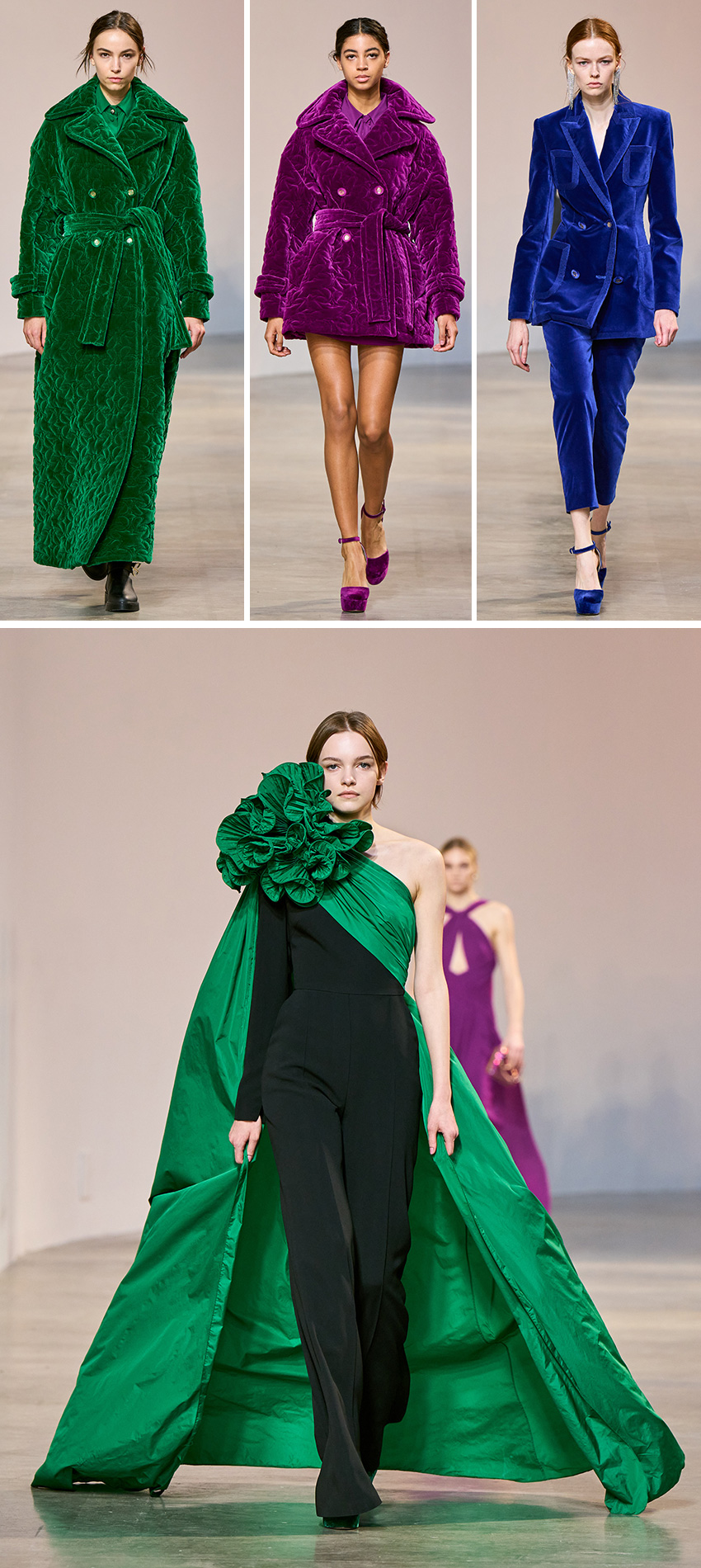 Elie Saab Ready to Wear Fall Winter 2022-23 collection features bold colours of green, purple, blue and black