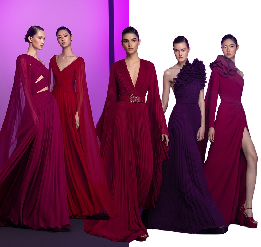 Elie Saab Pre-Fall 2023 collection Red, Magenta & Violet dresses