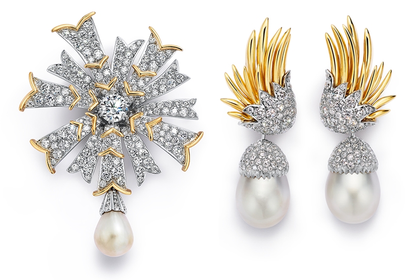 Bird on a pearl Tiffany brooch and earrings with diamonds and yellow gold
