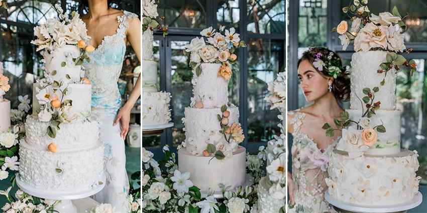 Wedding cakes made by Kelly Grey inspired in Claire Pettibone 2024 bridal collection