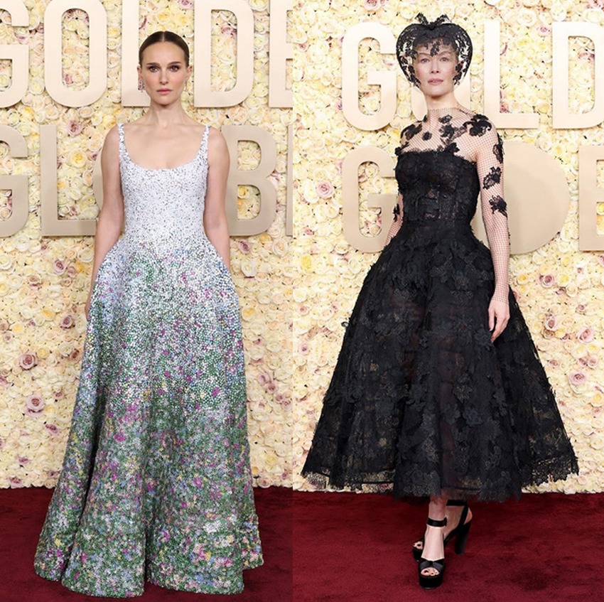 Natalie Portman and Rosamund Pike wearing Dior couture dresses at the Golden Globes