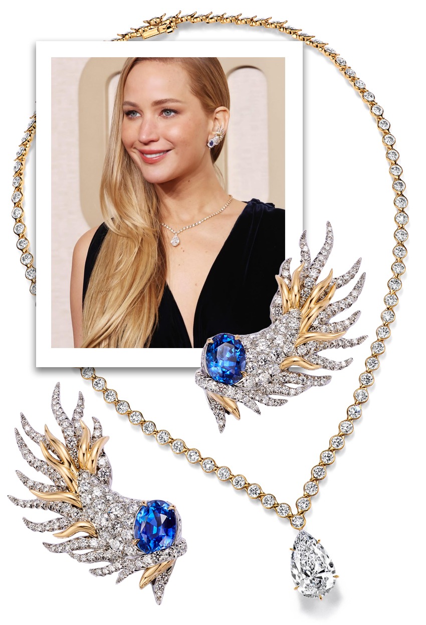 Jennifer Lawrence wears Tiffany and Co. jewellery at the Golden Globes